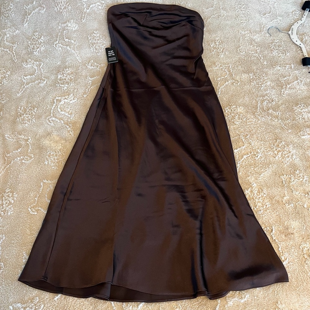 Express Brown Satin Strapless Midi Slip Dress